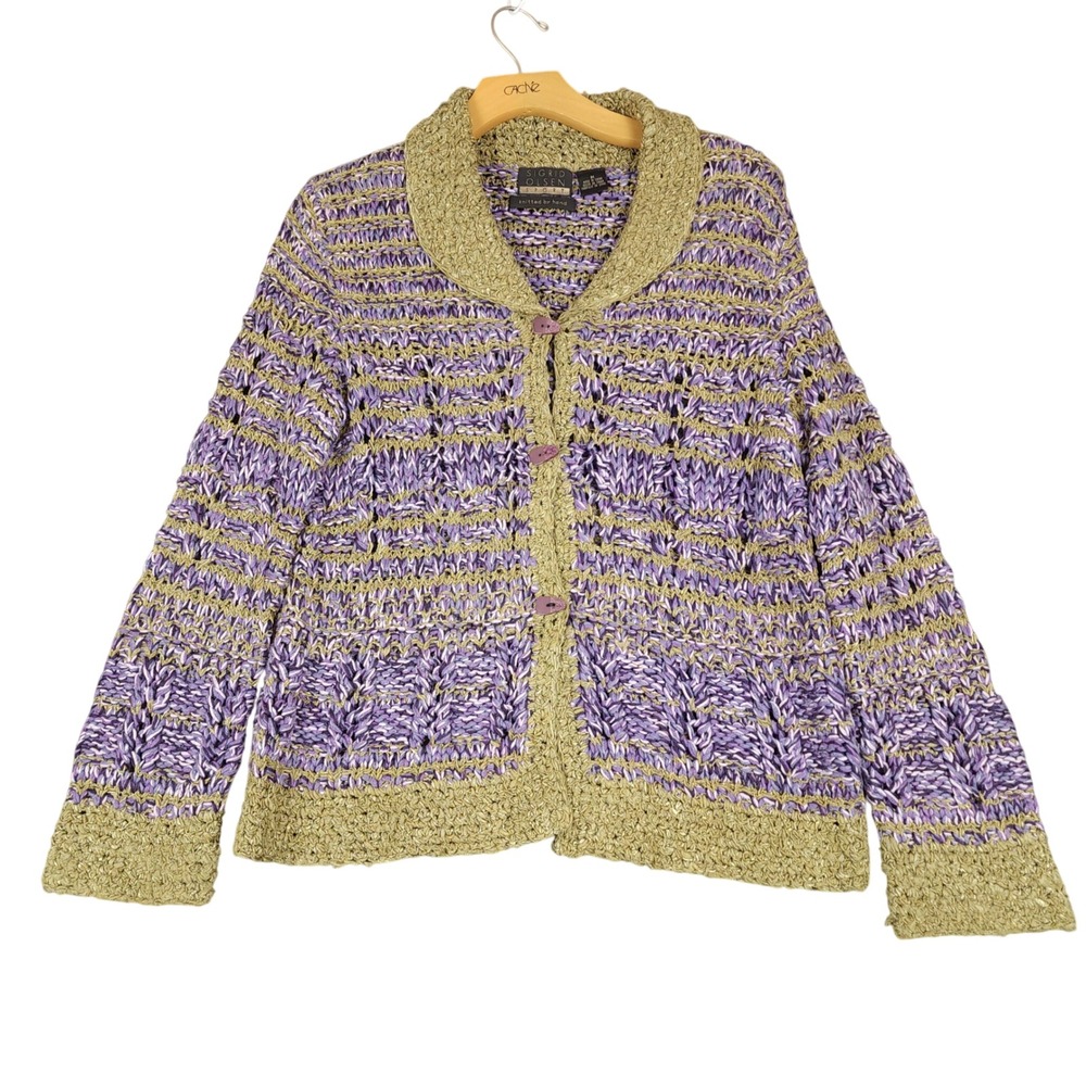 Sigrid Olsen Sport‎ Knitted Cardigan Purple Gold Shawl Collar Button Front M